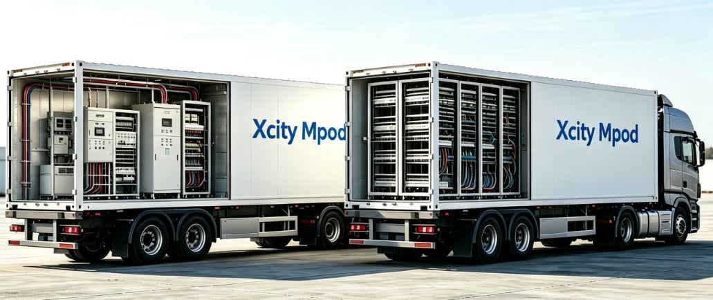 XCITY MPOD — two 20-ft container units loaded on trucks, ready for road transport