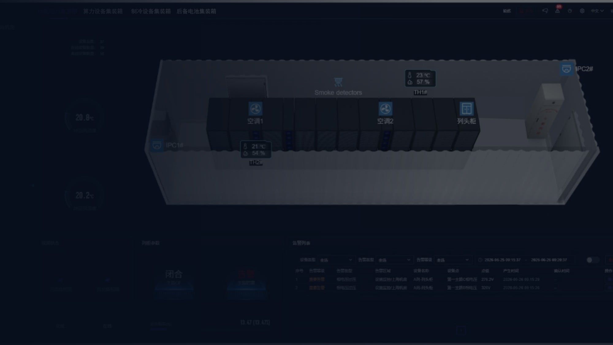 The XCITY 3D operations platform rendering a container's racks, cooling units and sensors