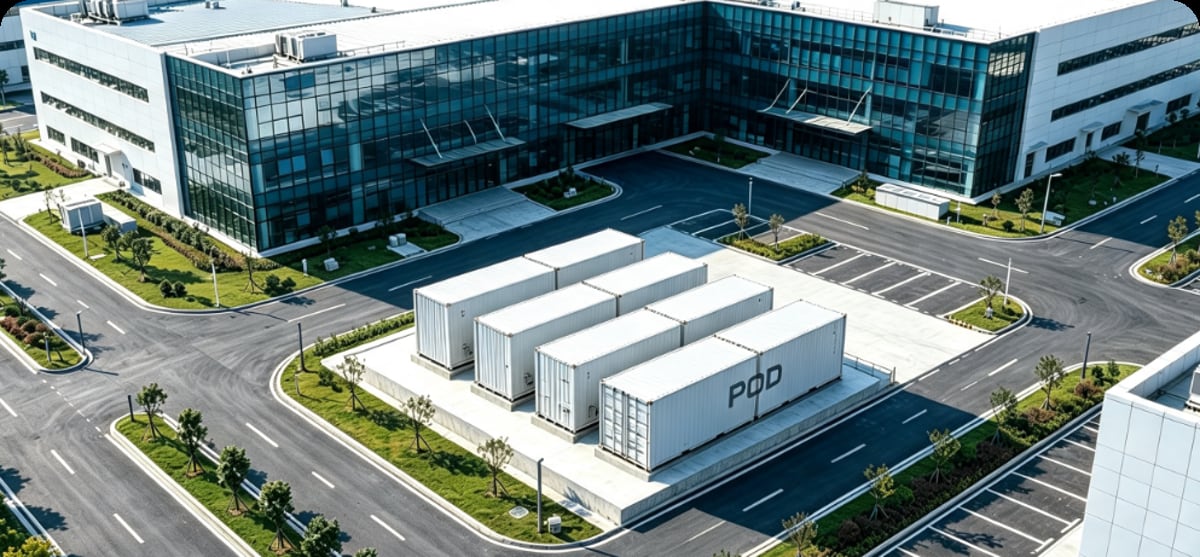 Aerial view of a POD cluster deployed alongside an existing campus building