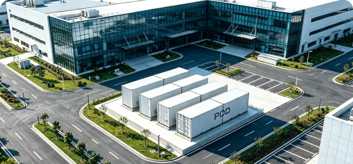 Illustration of modular POD data centers deployed on an industrial campus