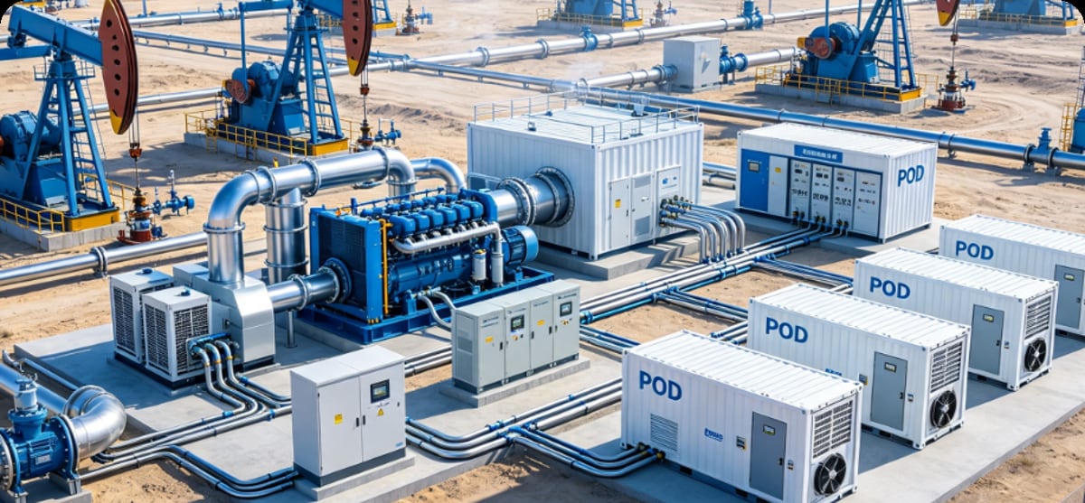 POD units deployed beside oilfield pumpjacks and gas generation equipment